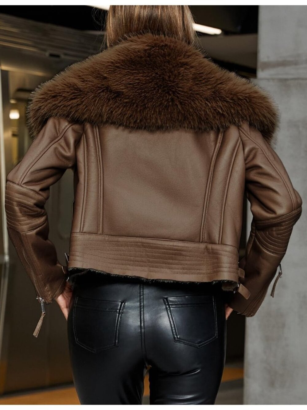 Womens Camel Polyester Faux Motorcycle Stylish Removable Fur Collar Jacket - Picture 3 of 6